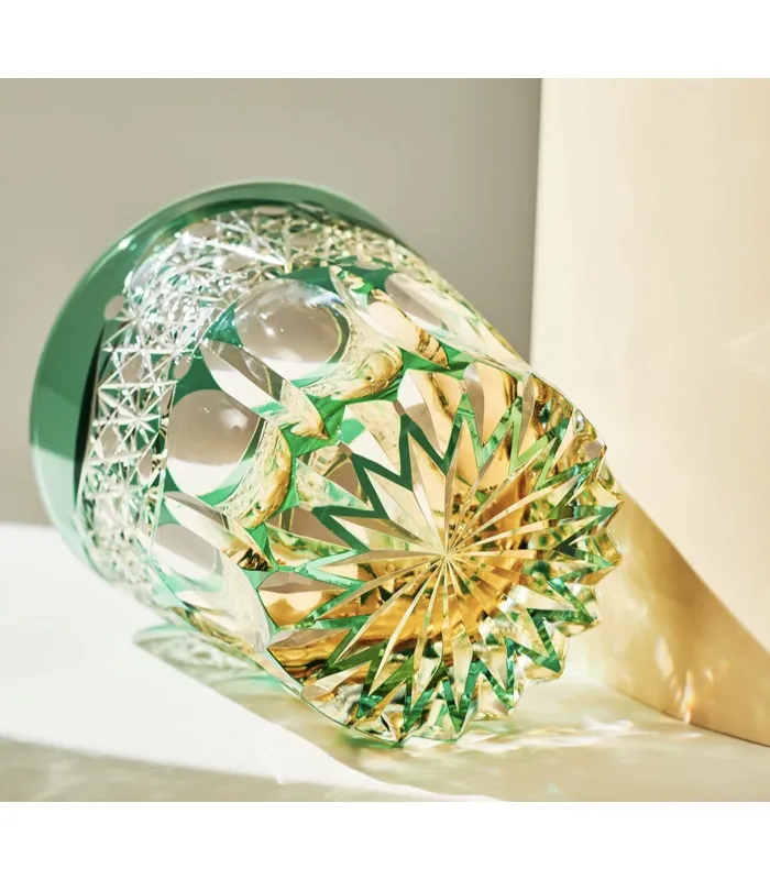Hand cut crystal glass green gold reflection bottom detail